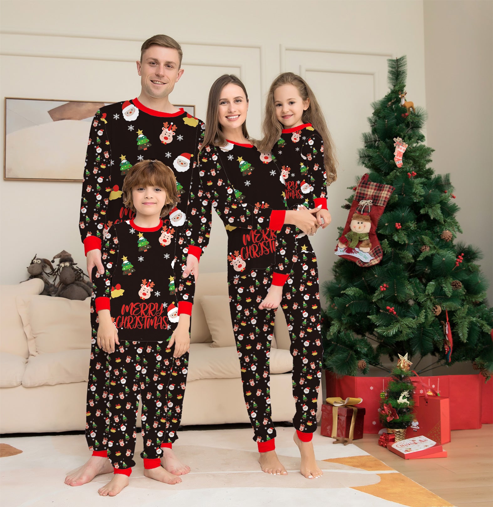 Pine Cheer | Black Santa Print Christmas Pajamas Unisex & Family