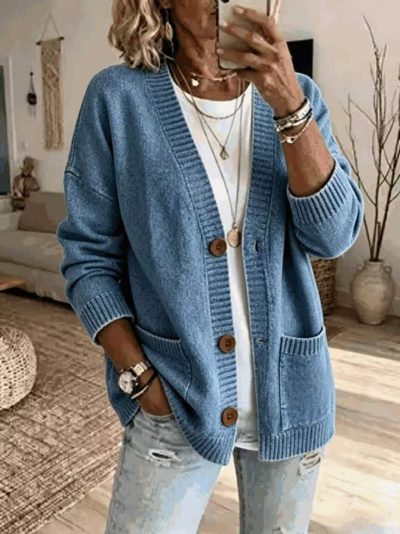 Aurora Pendleton | Oversized V-Neck Button Knit Cardigan For Women