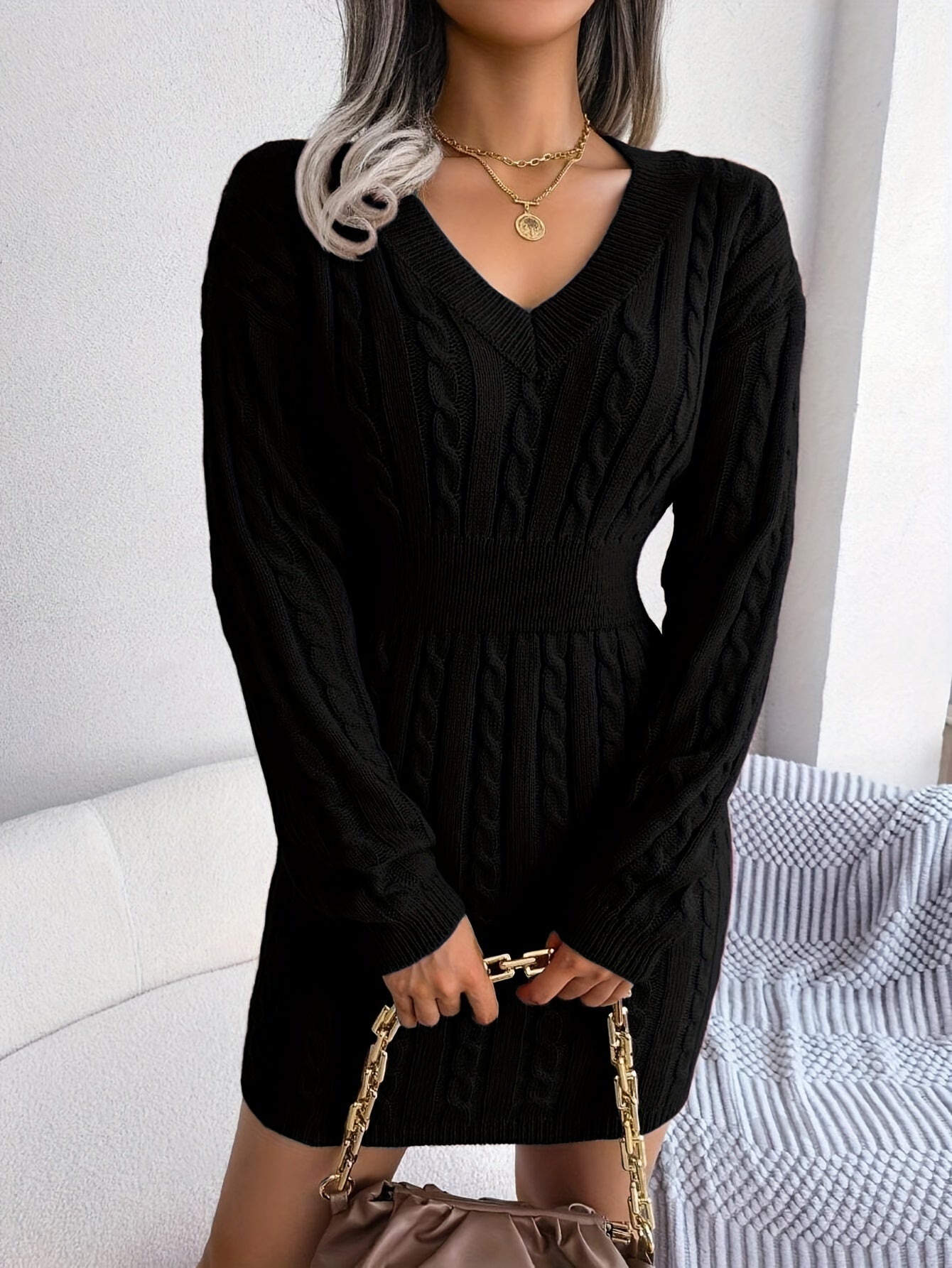 Margot Delahaye | Cable-Knit Peplum Sweater Mini Dress For Women