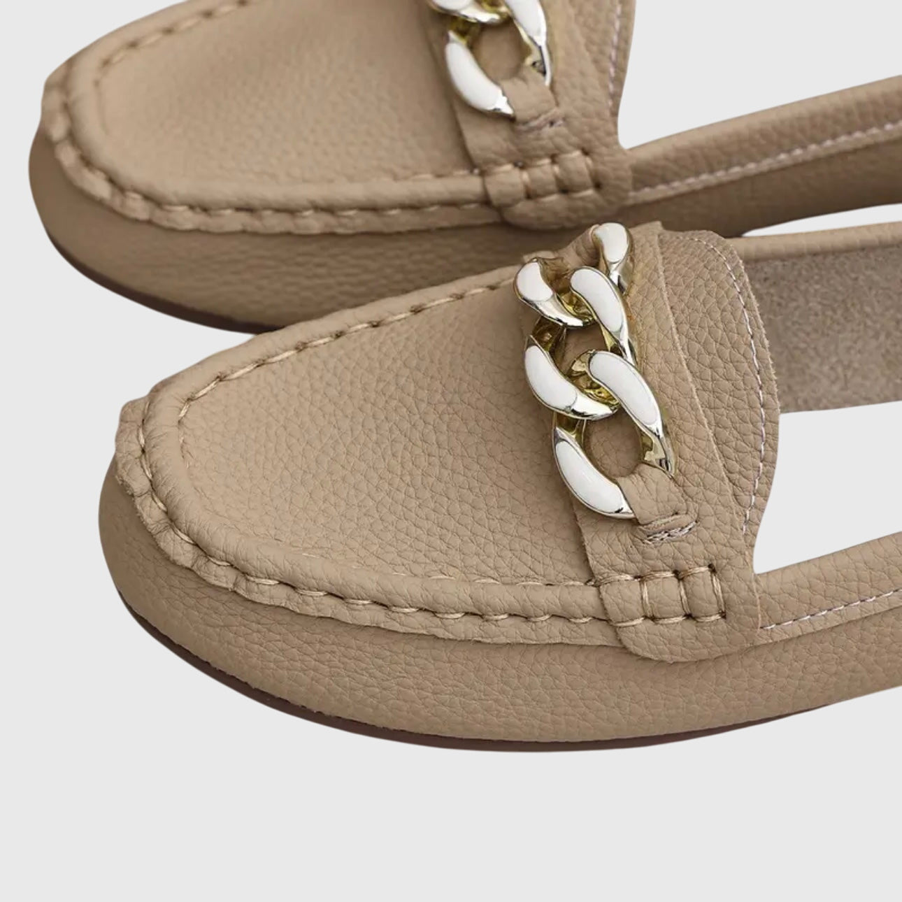 Camille Beaudreau | White Flat Loafers with Gold Chain Detail