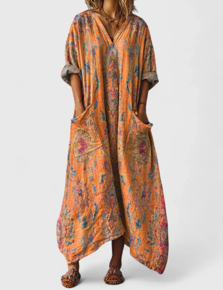 Flavia Rosebourne | Bohemian Ethnic Print Maxi Dress with Pockets