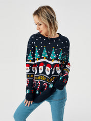 Snowy Cheer | Navy Santa Print Christmas Sweater For Women