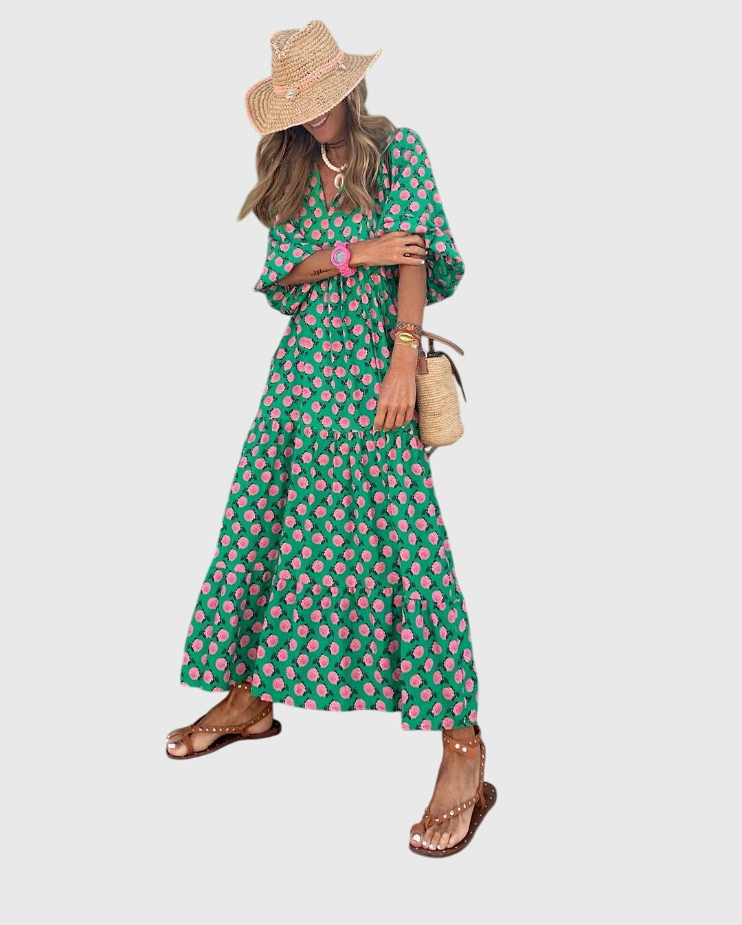 Seraphina Vosbourne | Green Floral Boho Maxi Dress