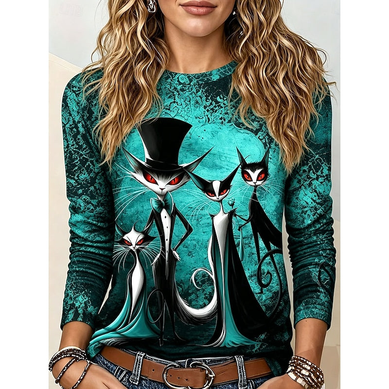 Beatrice Amaro | Gothic Cat Print Long-Sleeve Top For Women