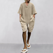 Tanner Ironwood | White Cable Knit T-Shirt & Shorts Set For Men