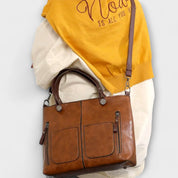 Genevieve Stourcourt | Brown Faux Leather Tote Bag with Front Pockets