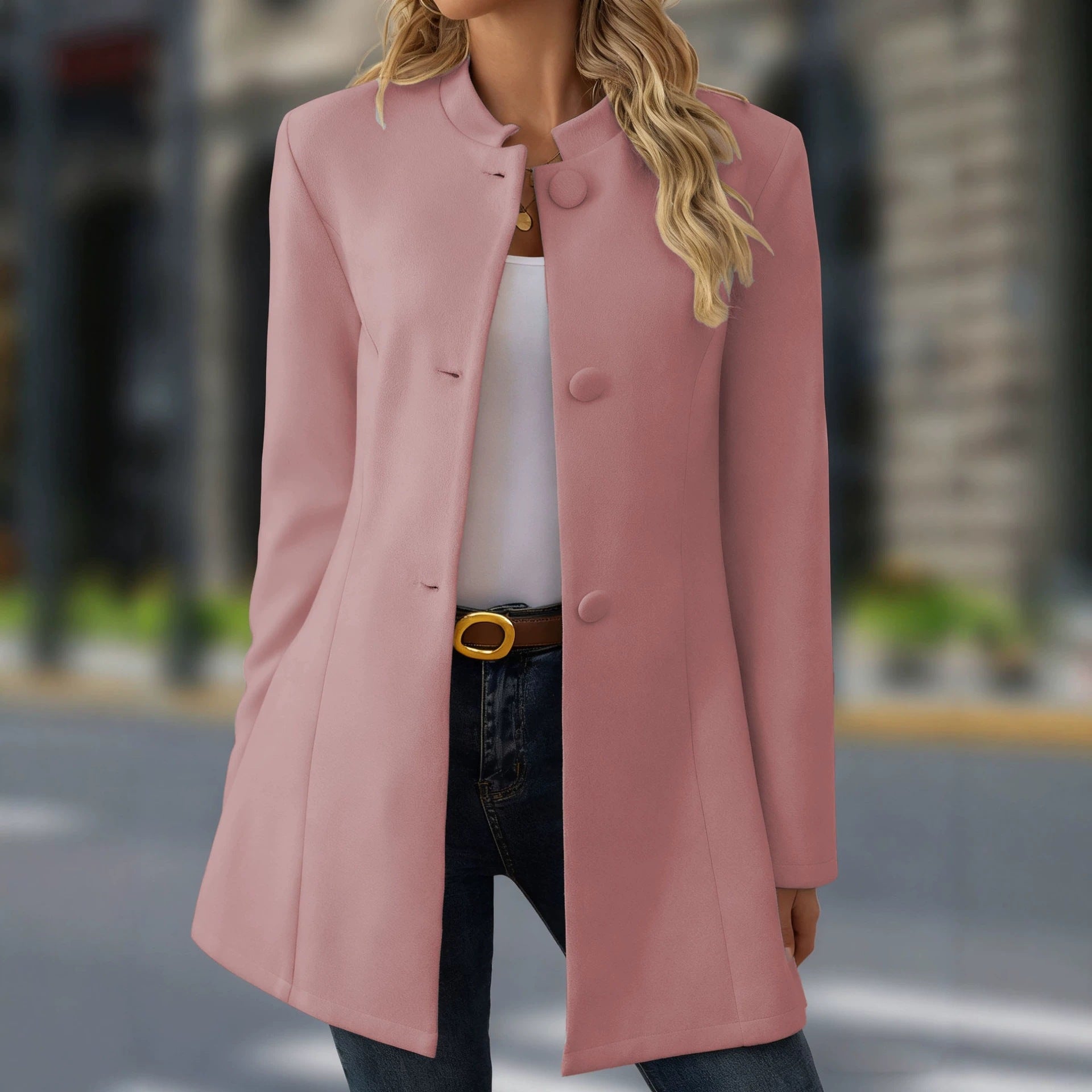 Valencia Morley | Mid-Length Stand Collar Wool-Look Coat For Women
