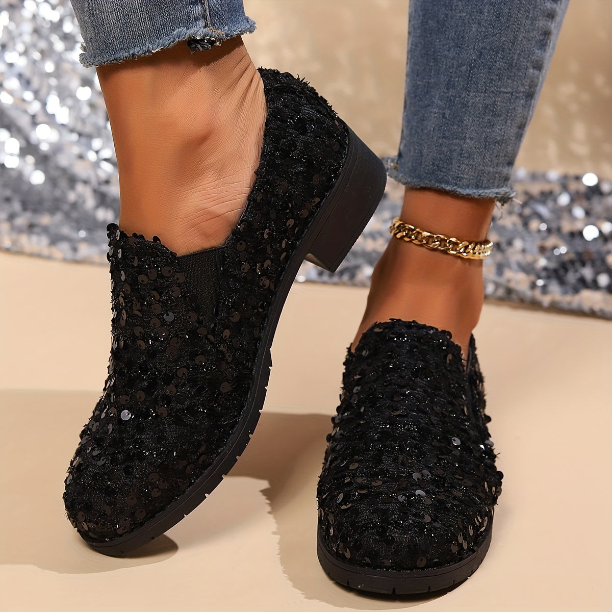 Odette Fairbanks | Sequin Slip-On Loafers With Block Heel