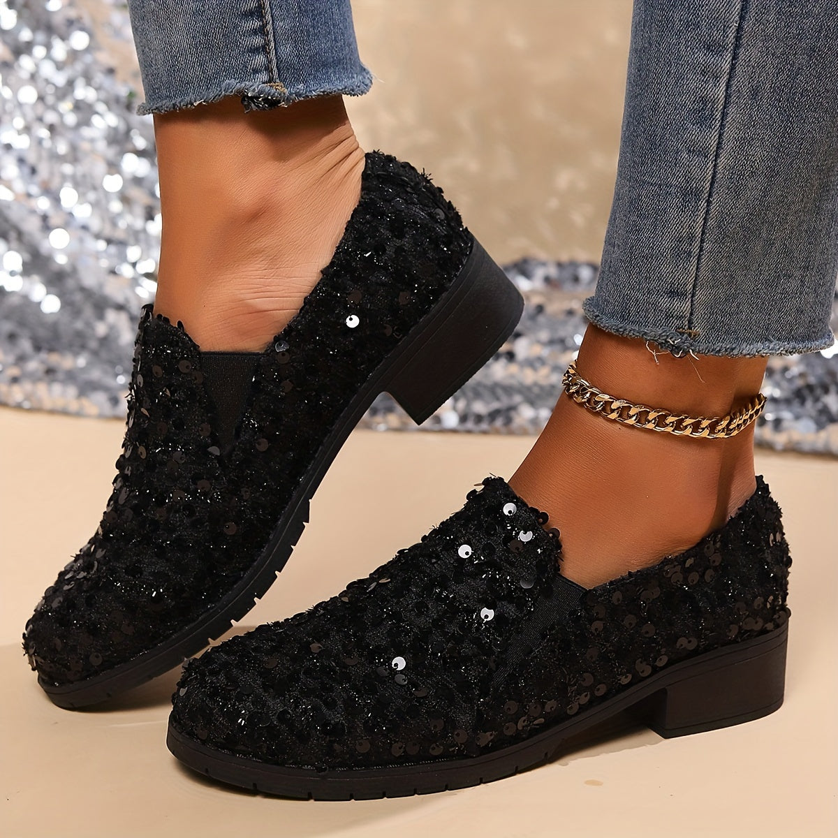 Odette Fairbanks | Sequin Slip-On Loafers With Block Heel