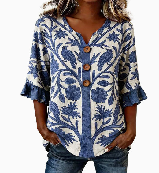 Delia Winsborough | Striped Button-Front Blouse With Ruffle Sleeves For Women