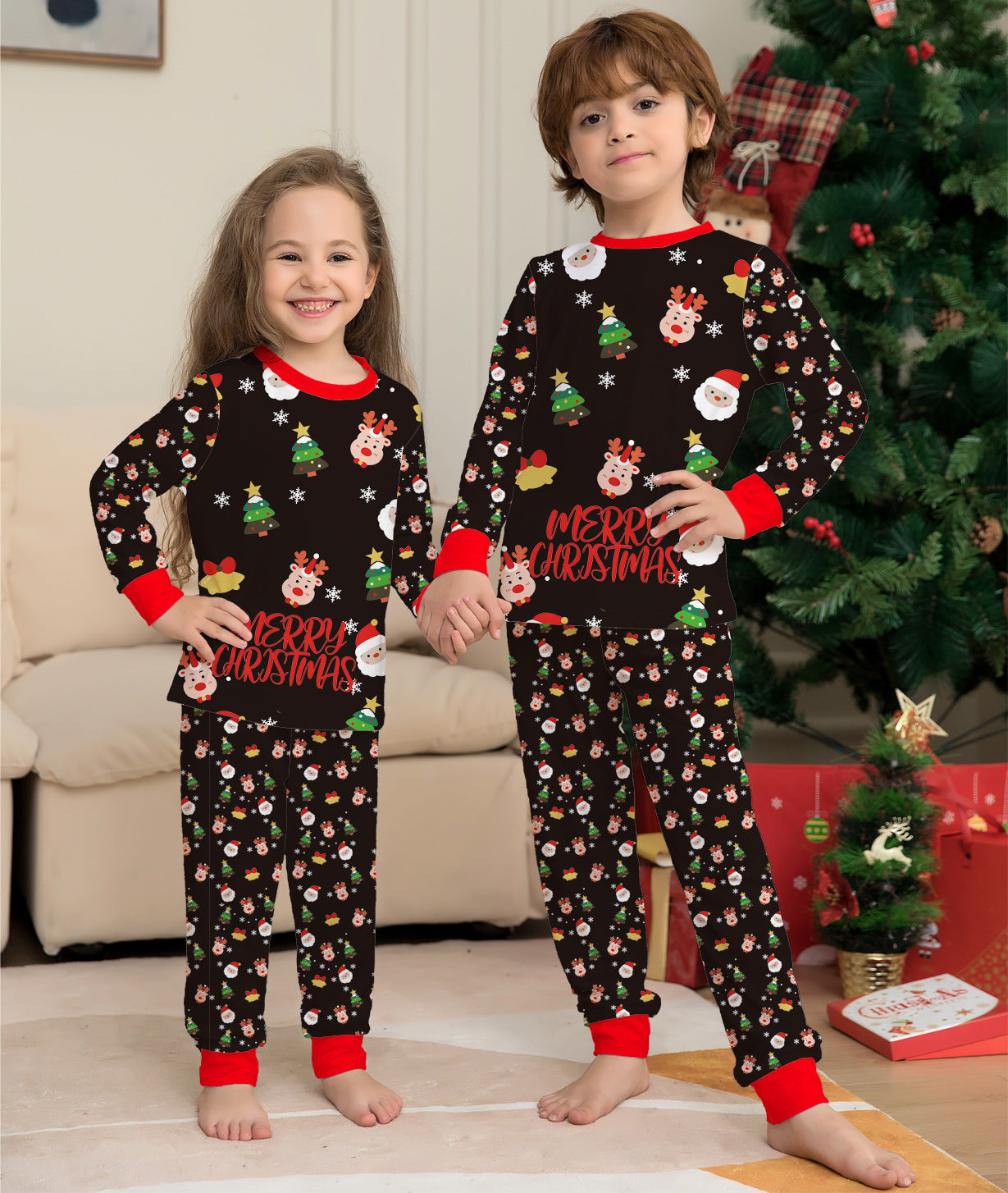 Pine Cheer | Black Santa Print Christmas Pajamas Unisex & Family