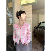Mireille Fontanet | Striped Zip-Up Hooded Knit Cardigan For Women