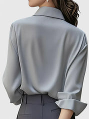 Vivienne Hartwell | Navy Blue Satin Long-Sleeve Button-Down Shirt