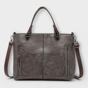 Genevieve Stourcourt | Brown Faux Leather Tote Bag with Front Pockets