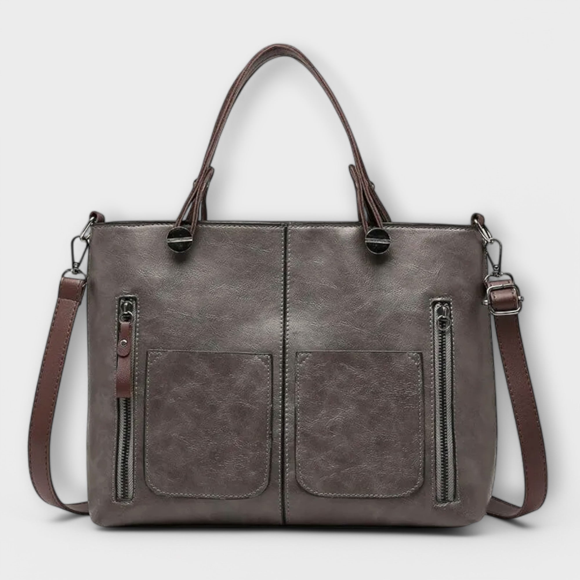 Genevieve Stourcourt | Brown Faux Leather Tote Bag with Front Pockets