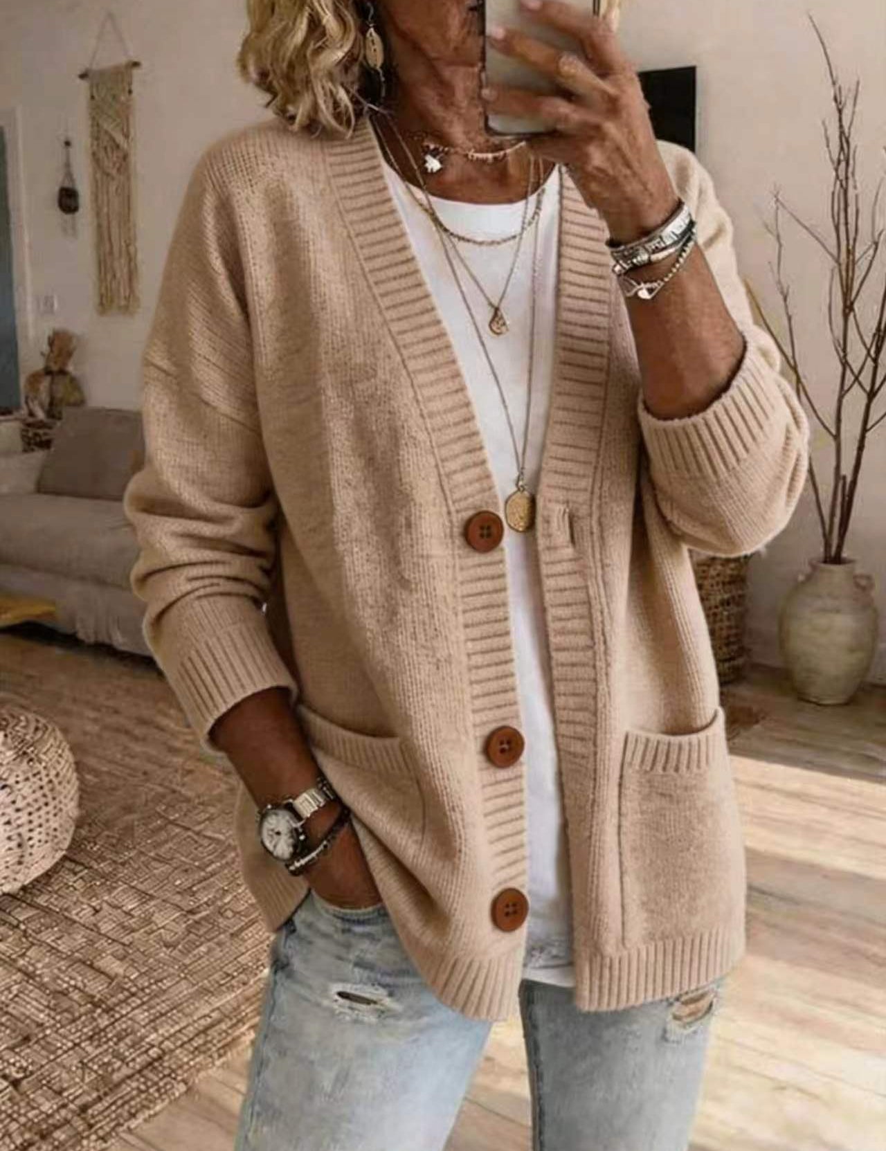 Aurora Pendleton | Oversized V-Neck Button Knit Cardigan For Women