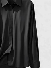 Vivienne Hartwell | Navy Blue Satin Long-Sleeve Button-Down Shirt