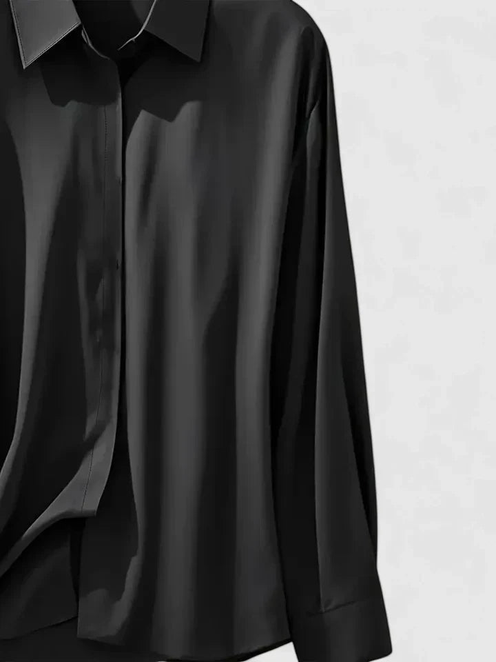 Vivienne Hartwell | Navy Blue Satin Long-Sleeve Button-Down Shirt