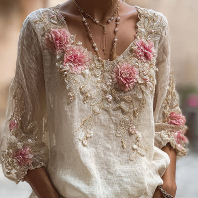 Adriana Bellini | Floral Embroidered V-Neck Blouse For Women
