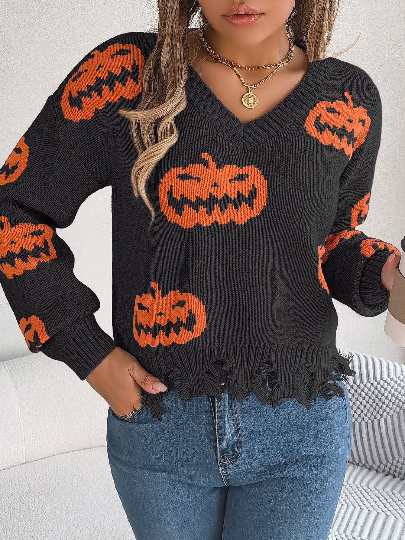 Marina Castellucci | Pumpkin Print Distressed Sweater For Women