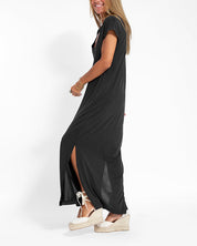 Margeline Vossclair | Coral V-Neck Side Slit Maxi Dress