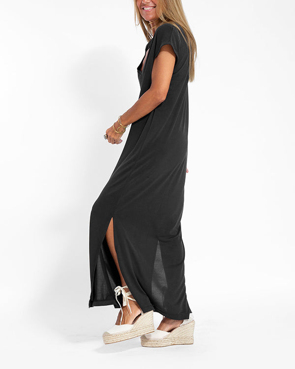 Margeline Vossclair | Coral V-Neck Side Slit Maxi Dress