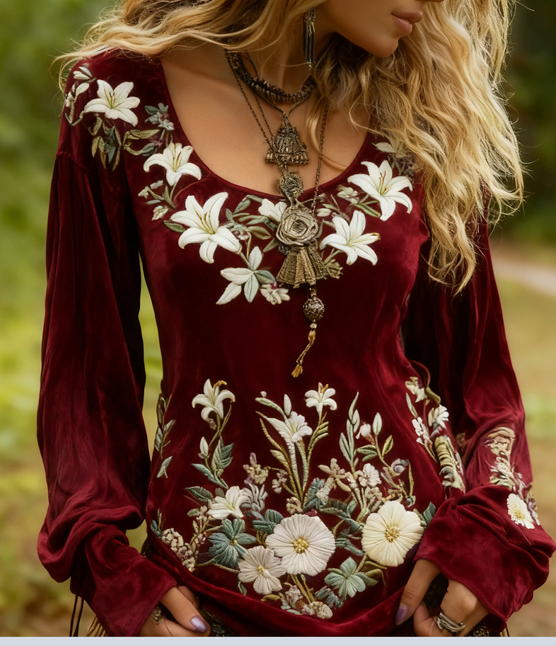 Vivienne Charbonneau | Floral Embroidered Long Sleeve Top For Women