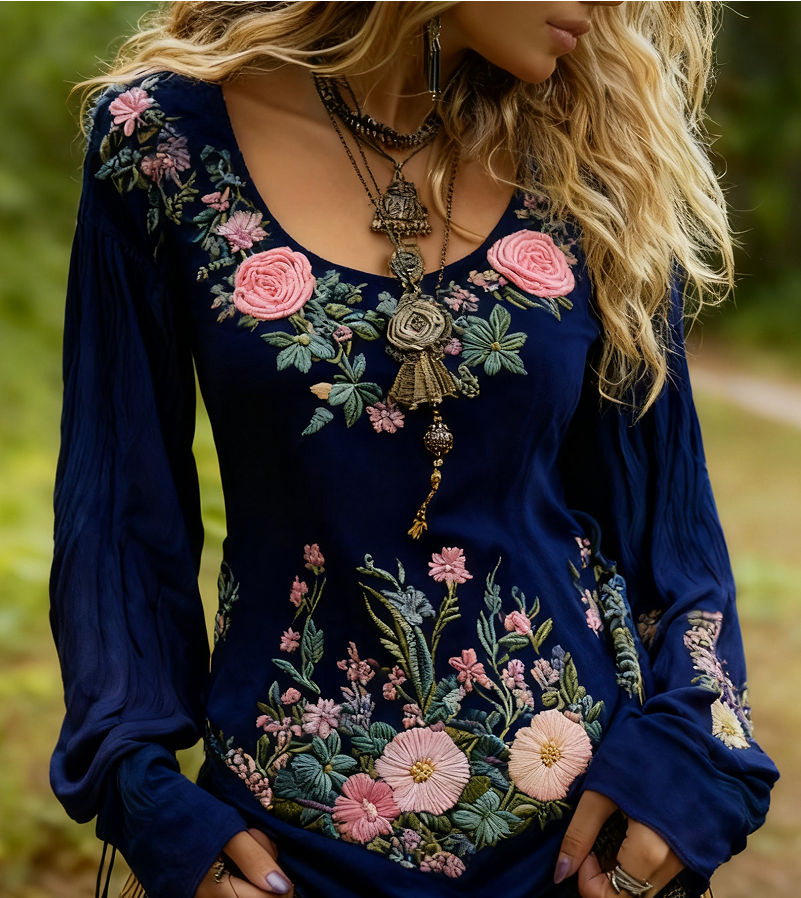 Vivienne Charbonneau | Floral Embroidered Long Sleeve Top For Women