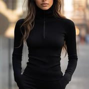 Ines Chatelain | Ribbed Knit Zip Turtleneck Top For Women