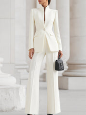 Eleanora Vantisse | Navy Blue Stand Collar Blazer & Wide Leg Pants Two-Piece Set