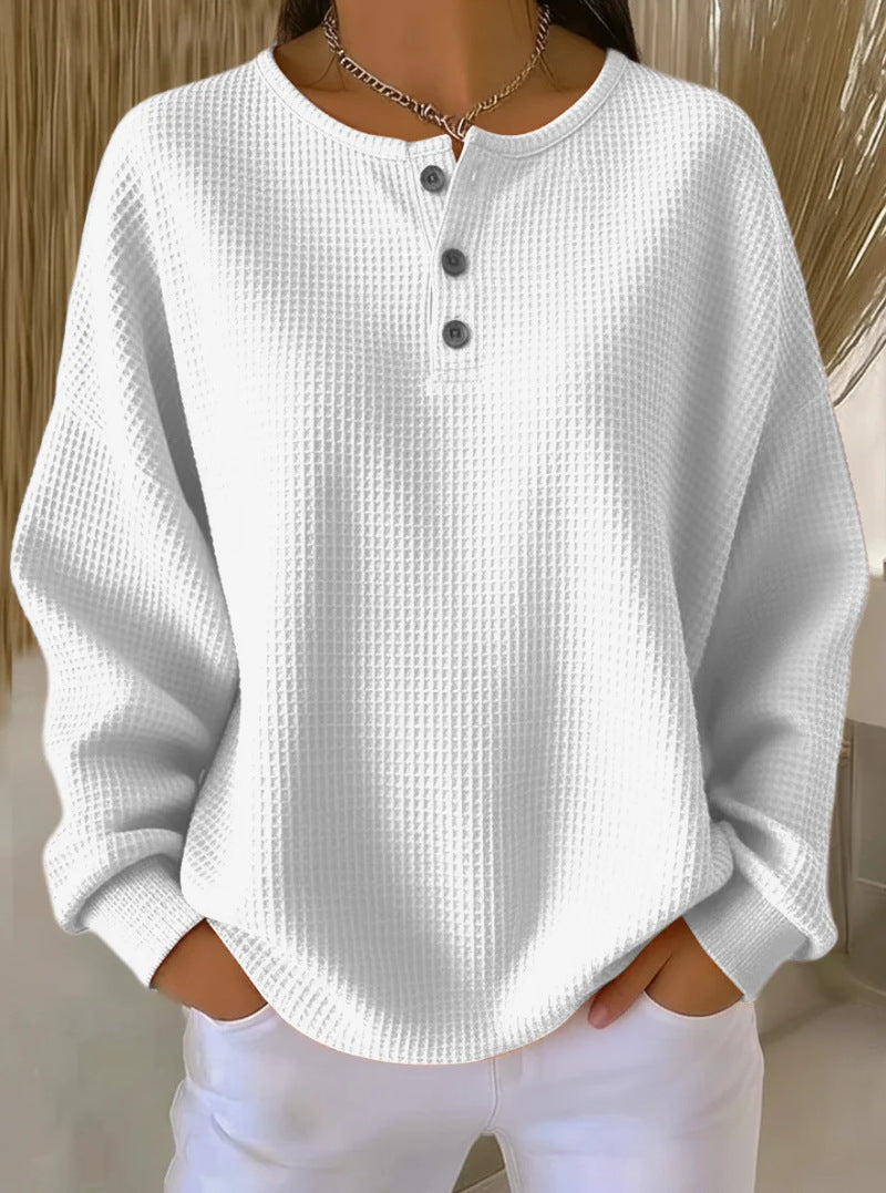 Marlena Whitfield | Waffle Knit Henley Pullover Top For Women
