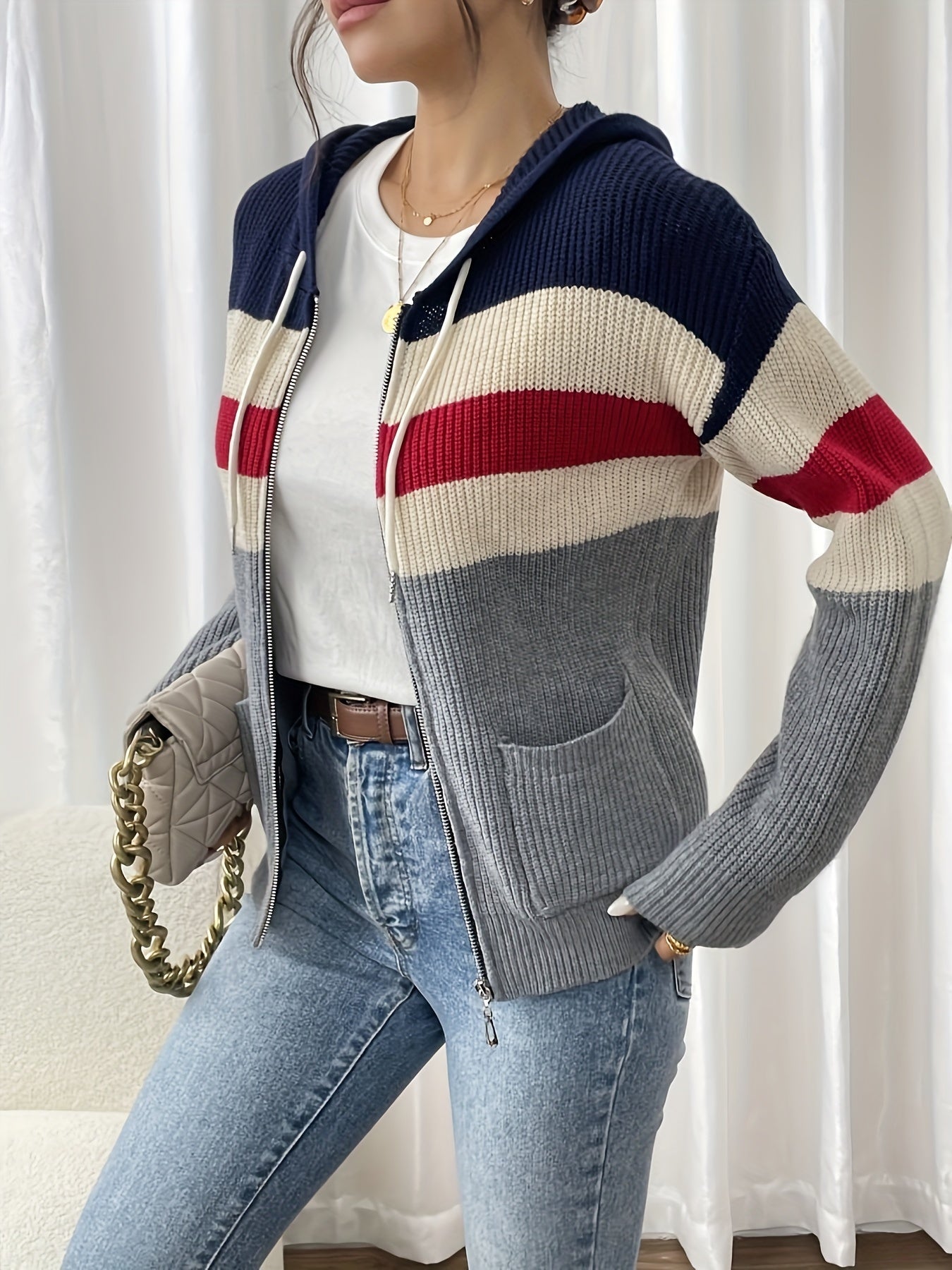 Harriet Devon | Colour-Block Zip Hoodie With Ribbed Knit For Women