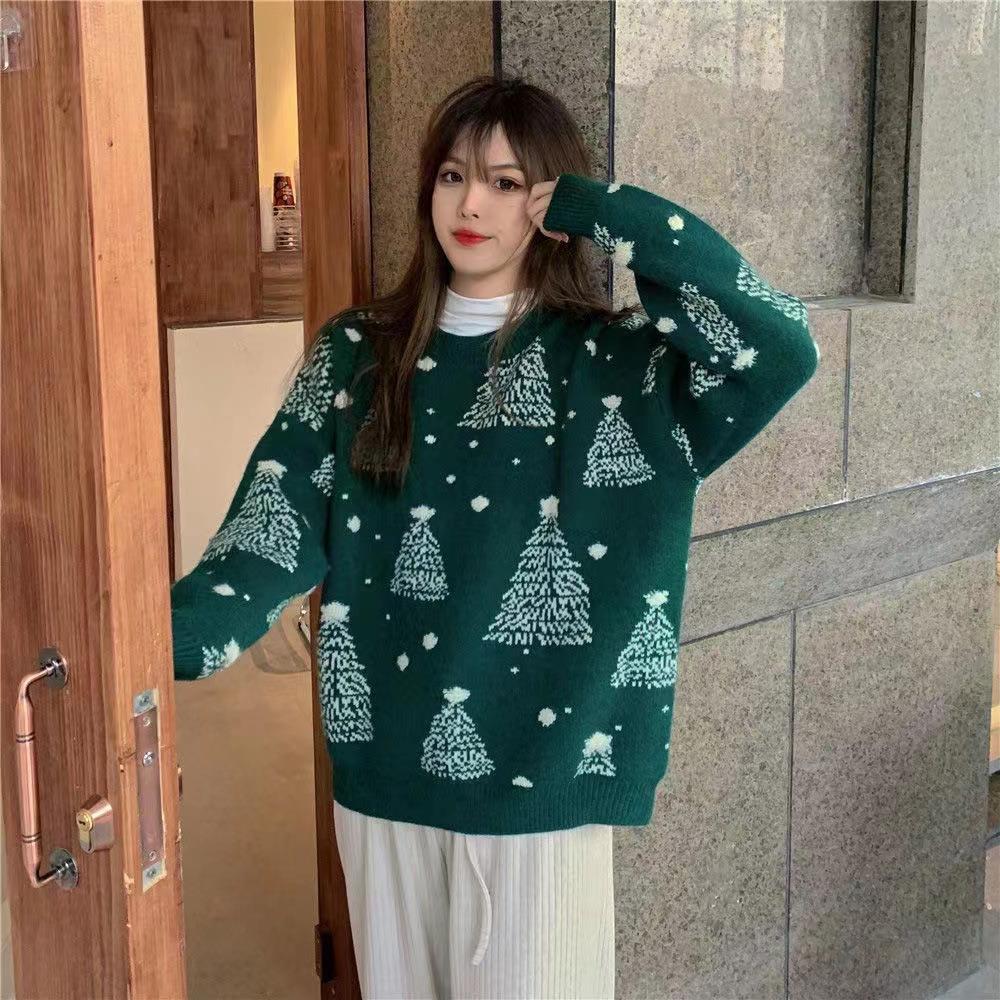 Snowy Eve | Red Tree Jacquard Christmas Sweater For Women