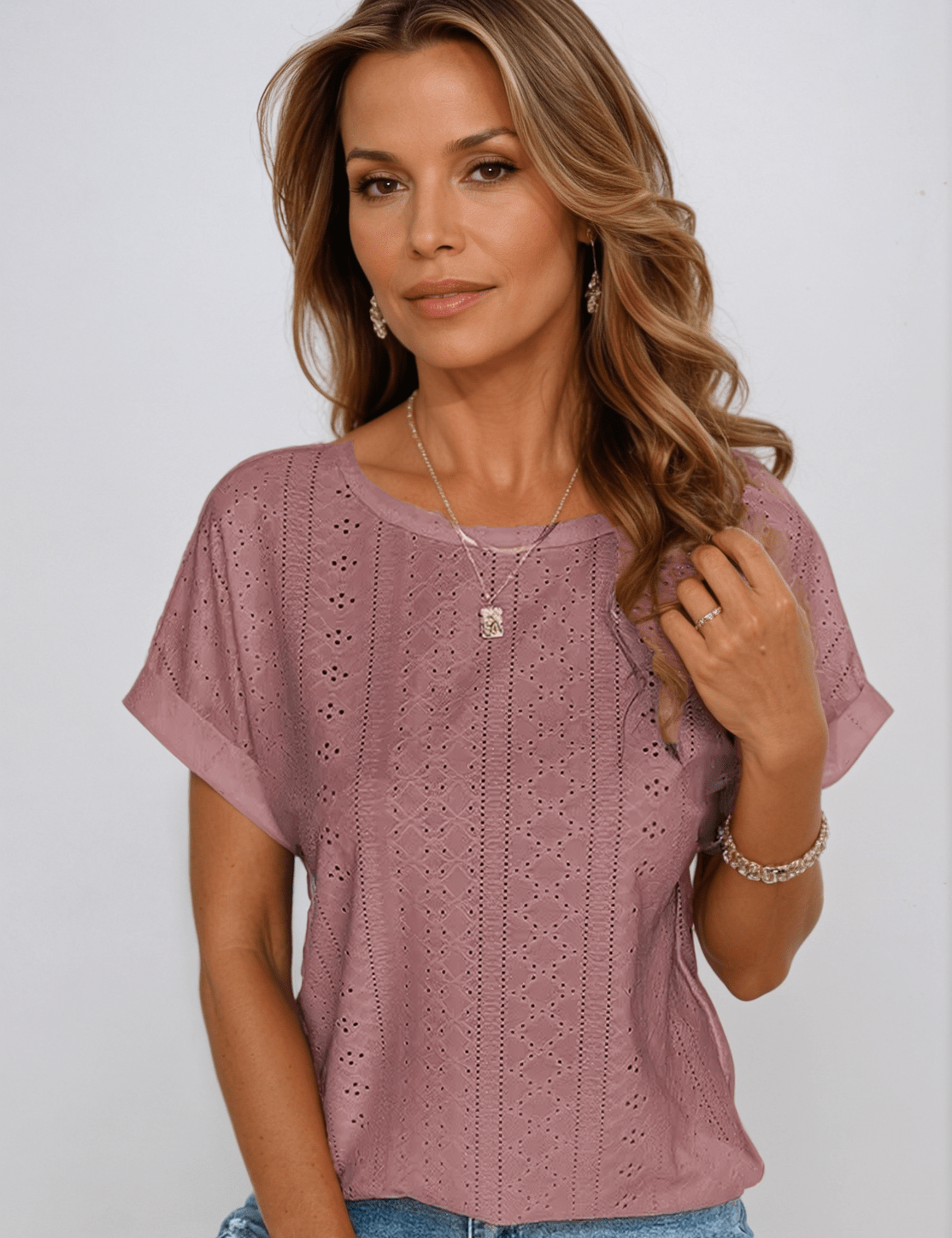 Camille Rosemont | White Eyelet Embroidered Crew Neck Short Sleeve Top