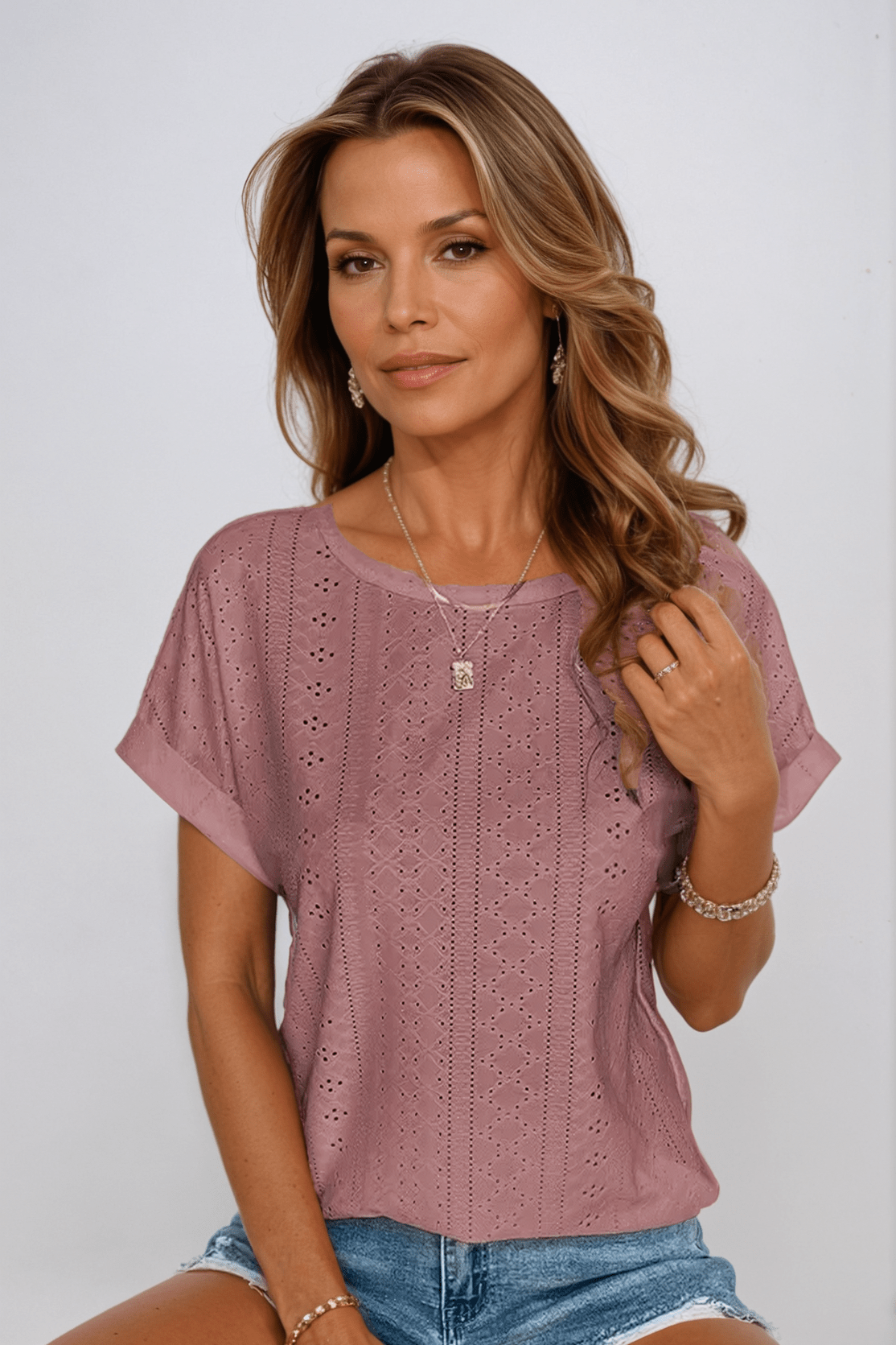 Camille Rosemont | White Eyelet Embroidered Crew Neck Short Sleeve Top