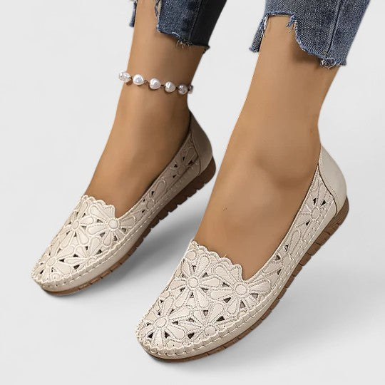 Celestine Fairvaux | White Hollow-Cut Slip-On Flat Loafers
