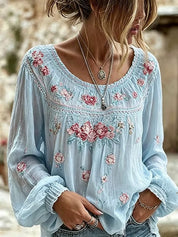 Colette Rimbaud | Retro Bohemian Floral Linen Blouse For Women