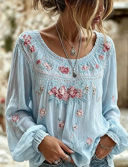 Colette Rimbaud | Retro Bohemian Floral Linen Blouse For Women
