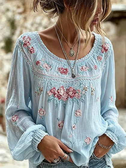 Colette Rimbaud | Retro Bohemian Floral Linen Blouse For Women