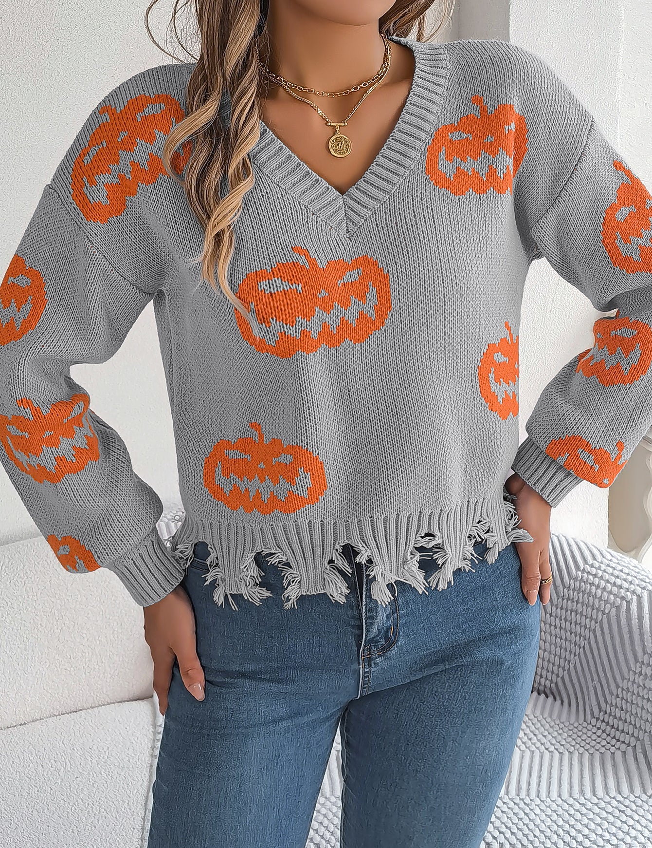 Marina Castellucci | Pumpkin Print Distressed Sweater For Women