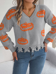 Marina Castellucci | Pumpkin Print Distressed Sweater For Women