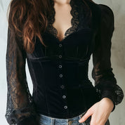 Renata Cavallieri | Velvet Corset Blouse With Sheer Lace Sleeves