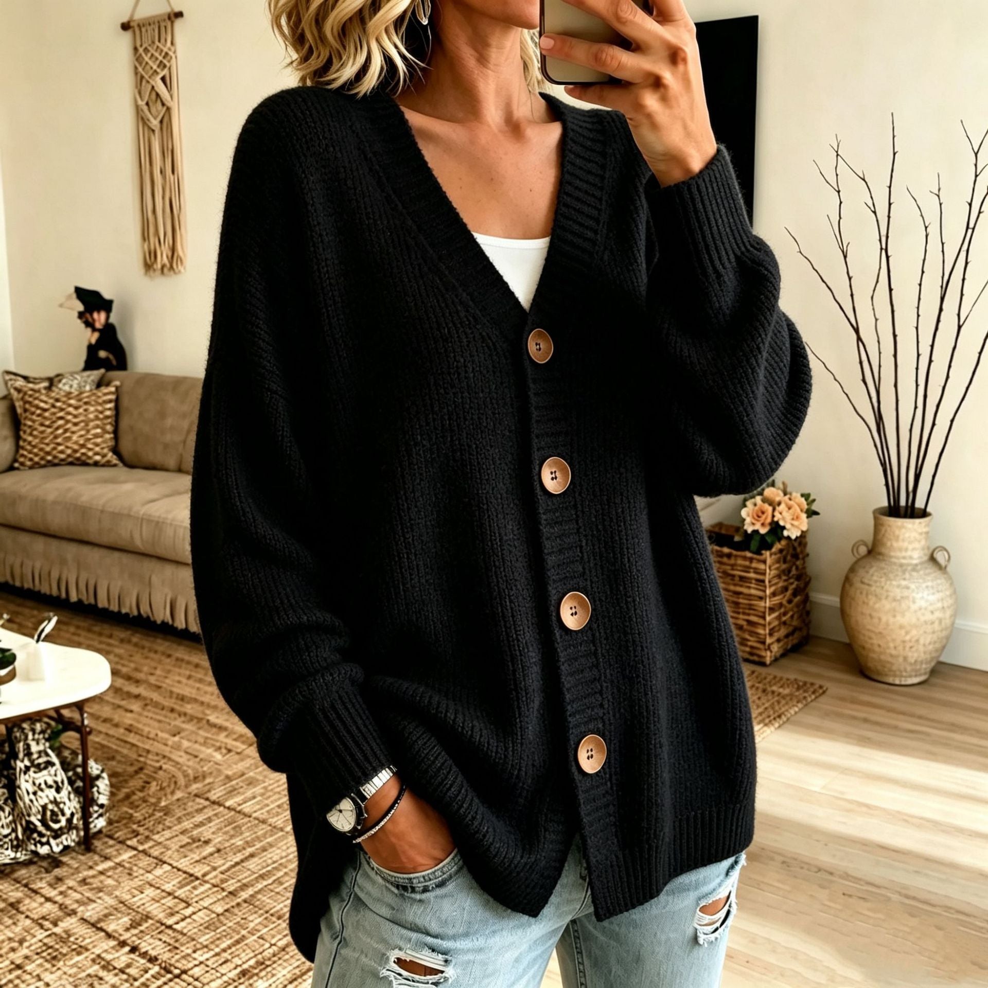 Adeline Fontrose | Buttoned V-neck Knitted Cardigan Sweater For Women