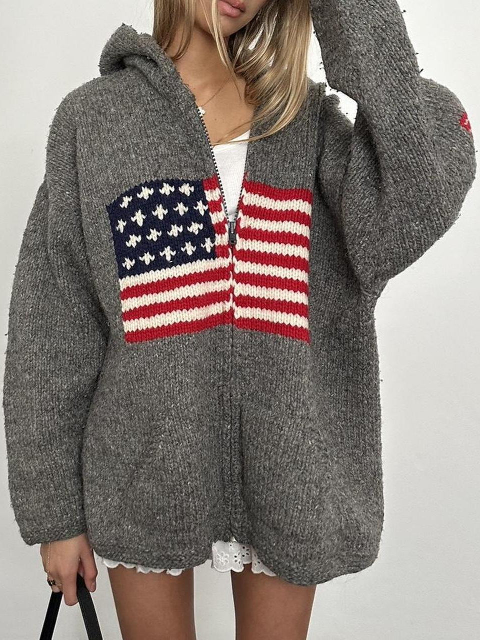 Madeleine Valmont | Grey Flag Veterans Day Zip Hoodie Cardigan For Women