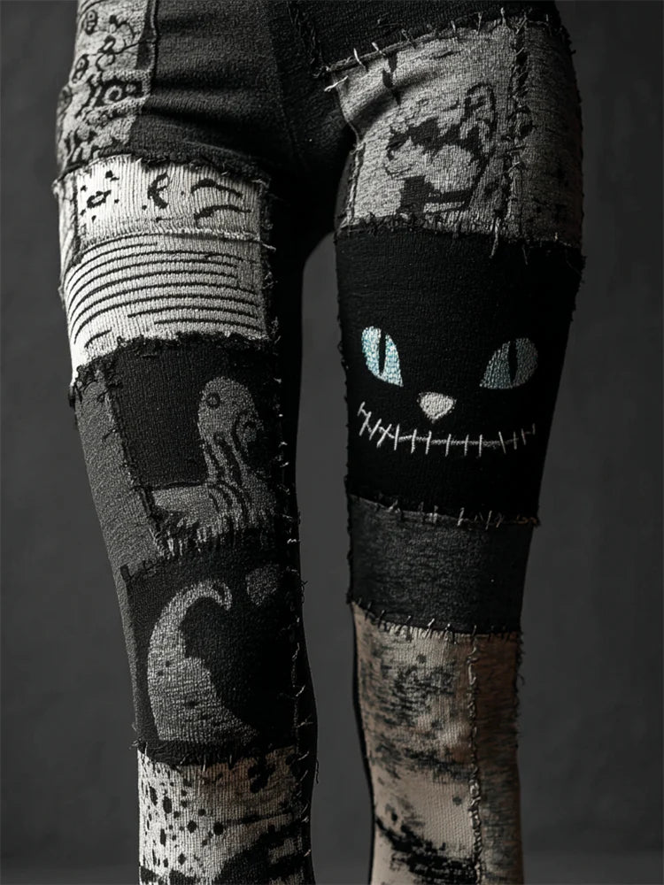 Vivienne Hartley | Patchwork Cat & Skull Print Leggings For Women