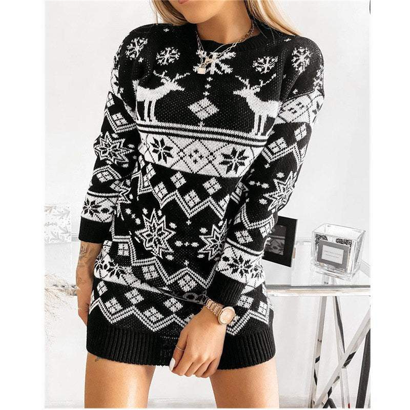 Delphine Chastain | Christmas Reindeer Knit Sweater Mini Dress For Women
