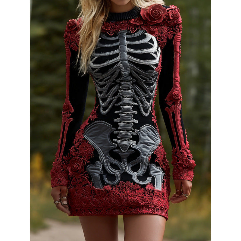 Seraphine Blackwood | Halloween Skeleton Print Long Sleeve Maxi Dress For Women