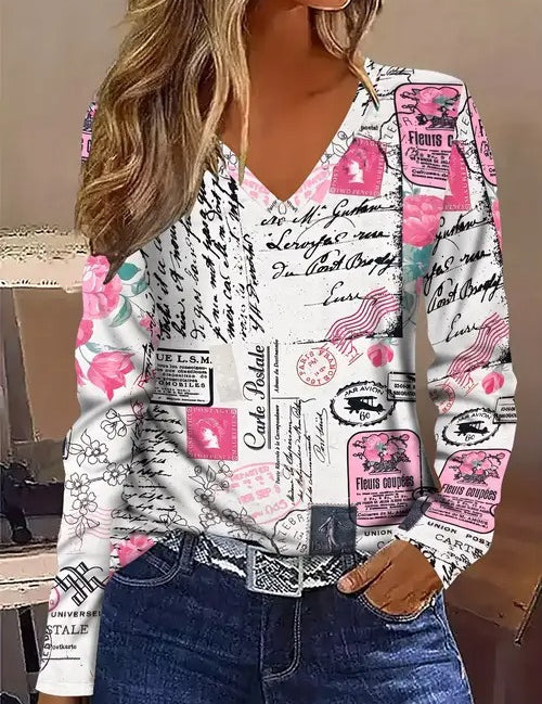 Celinda Waverly | Autumn Maple Leaf Print Long-Sleeve Top For Women