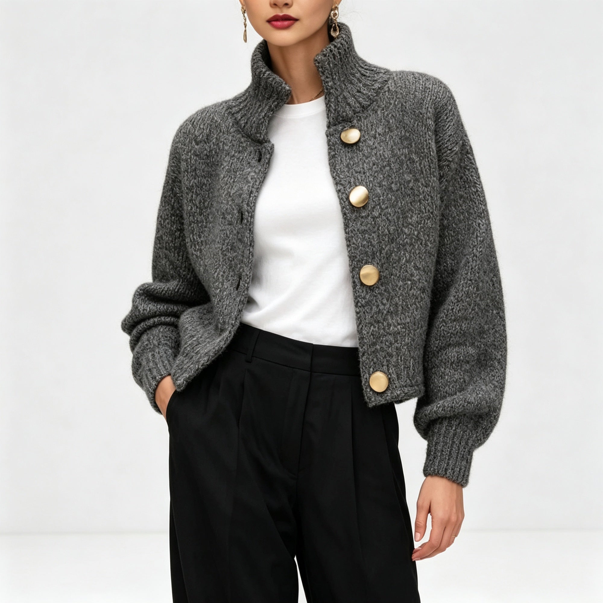 Ora Langton | Stand-Collar Knit Cardigan Jacket For Women