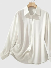 Vivienne Hartwell | Navy Blue Satin Long-Sleeve Button-Down Shirt